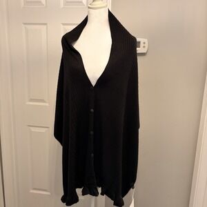 Accent Ribbed‎ Knit Cardigan Poncho Ruffled hem Functional Buttons Draped Wrap